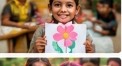 Young girl proudly showing flower painting